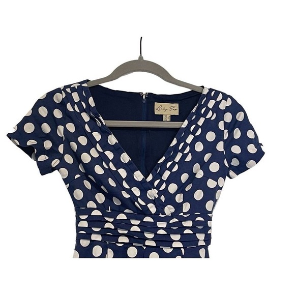 Lindy Bop Womens Vintage 50's Darcy Swing Party Dress Blue White Polka Dots SZ 2 - Picture 2 of 7